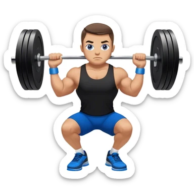 tanned powerlifter grey eyes black shorts black t shirt blue shoes barbell squats sticker