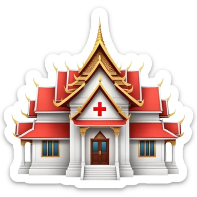 Traditional Thai hospital with pointed roof architecture, red cross symbol, ornate details, with traditional Thai architectural elements sticker