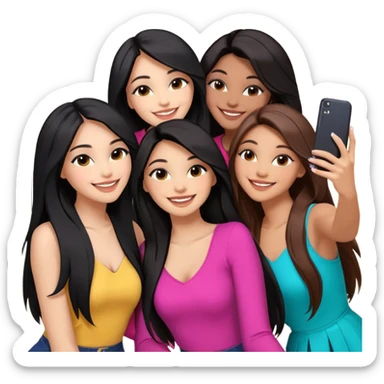 3 girl friends, one with black long hair light skin. one with brown hair long and the last girl one with black with brown medium length hair. Glammed up and hugging  and one talking a selfie and all of them smiling and looking girly all same skin tone  sticker