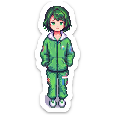 Hyun Ju character from Squid Game 3, pixel art style, short hair, green tracksuit, minimal details sticker