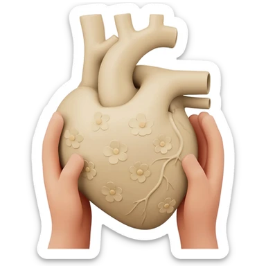 hands holding realistic light beige human heart with beige flowers sticker