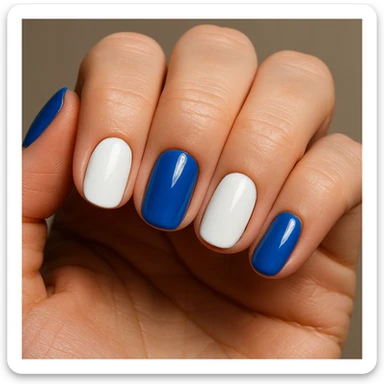 close-up of a hand showing all five fingernails, each nail painted either blue or white, with clear detail sticker
