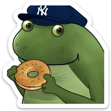 wearing a yankees hat, holding a bagel sticker