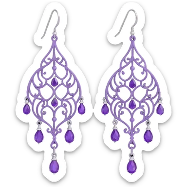 3D emoji-style purple chandelier earrings with intricate filigree, glamorous sticker