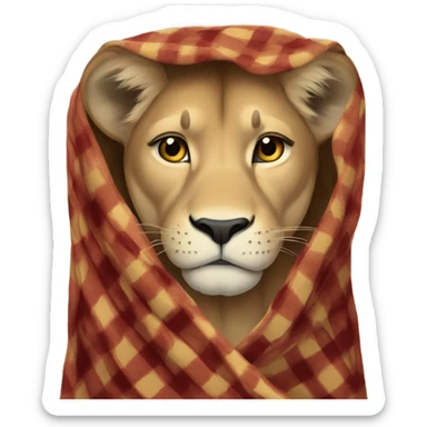 Sad lioness in a plaid blanket sticker