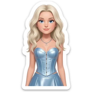 Sabrina Carpenter with blue eyes, long platinum blonde wavy hair, light blue metallic corset, light blue metallic skirt, silver necklace sticker