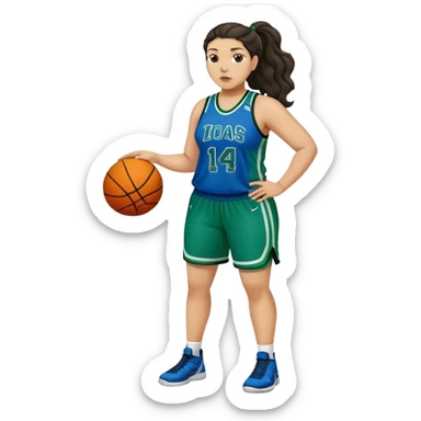 full body plus size light skin latino women basketball player with wavy dark hair in pony tail wide nose wearing blue green  uniform sticker
