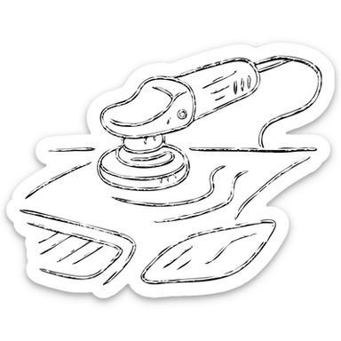 hand-drawn outlined icon of a polishing machine on a black car hood, silver details, reflection and soft shine waves, clean and modern sticker