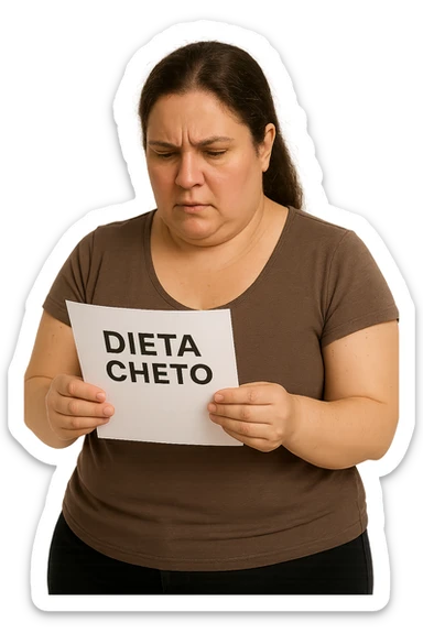 donna realistica leggermente in sovrappeso che legge un foglio con la scritta "dieta Cheto", sfondo bianco, iperrealistica 4k, IPERREALISTICA 4K sticker