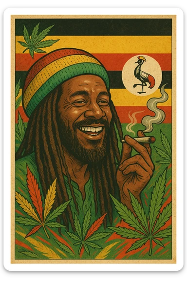 “A digital vintage-style poster illustration of a smiling Ugandan Rasta man with long dreadlocks, wearing a red, yellow, green striped tam hat. He is smoking a herbal spliff. The background features the authentic Uganda flag with accurate black, yellow, and red horizontal stripes, and includes the official grey crowned crane emblem on the right side. Surround the scene with stylized cannabis leaves and Rasta colors to enhance the reggae vibe. Use a warm, textured retro color palette and artistic shading to give it a nostalgic roots feel. The mood should be positive, vibrant, and soulful — honoring Ugandan culture and Rasta lifestyle.” sticker