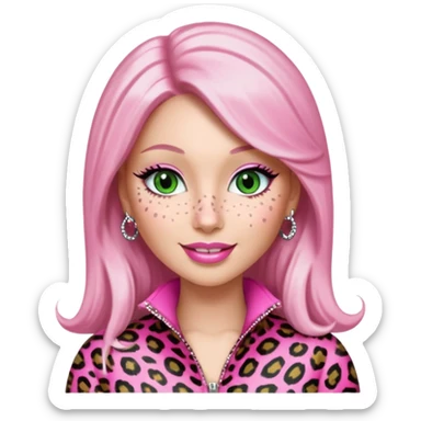 Smiling Green eyed light white skin, no freckles, Nicki Minaj wearing a pink leopard print outfit no freckles, and light pink lips sticker