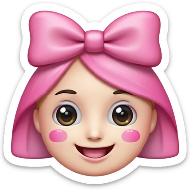surreal and kawaii emoji face with huge sparkling cartoon eyes, a wide realistic human smile with perfect teeth, pink cheeks, and a big pink bow on its head. The background is transparent. Above the head, the text "kawowiwo-wiwi" is written in a playful, handwritten font sticker