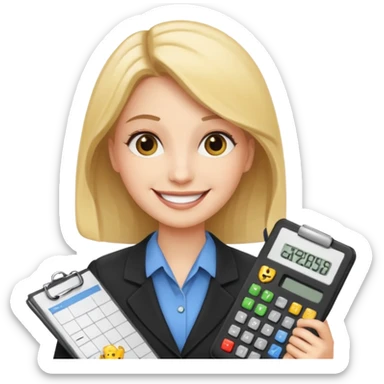 aUDITOR smiling with spreadsheet and a calculator, emoji, ADD A puzzle and a Balance for accounting sticker