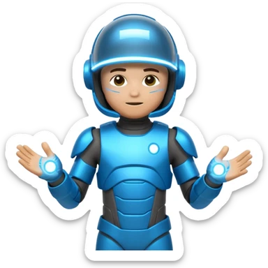 “Futuristic Roblox boy emoji, 2050 style. Blue neon visor, cyber helmet, metallic skin glow, hologram lines, tech-suit with glowing seams, soft neon background.” sticker