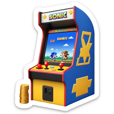An icon showing a retro arcade screen with pixelated characters like a speedy hedgehog Sonic jumping and collecting coins. The game environment includes obstacles, power-ups, and vibrant colors, evoking the excitement and nostalgia of classic arcade games. transparent background. sticker