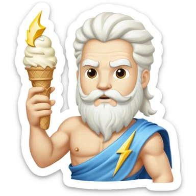 Zeus with a white ice cream cone and a lightning bolt sticker