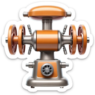 sausage-processing droid. retro-futuristic style. top is a circular industrial meat grinder with rotating gears and blades. Two robotic arms feed material into grinder. Sausage links extrude from the rear like  factory. The body is metallic, compact, and floats above the ground.no legs. Dark humor sticker