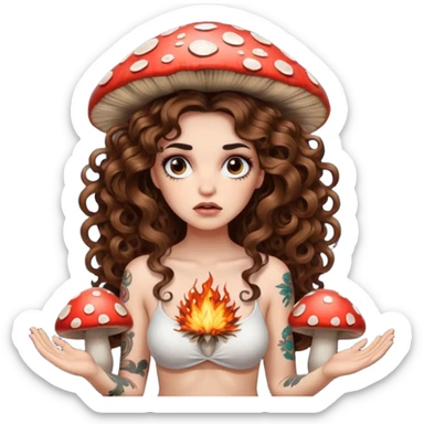woman with long curly brown hair, brown eyes, white skin, tattoos, unimpressed stare while mushroom explodes behind her sticker