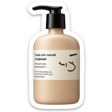 A skincare facial cleanser in a beige bottle and black writing  sticker