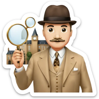 A cinematic-style frame showing Hercule Poirot in his iconic suit with a magnifying glass in a dramatic detective pose. Background should be mysterious city background and subtle clues like fingerprints or a crime scene. Transparent background. sticker