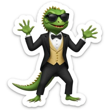 capitalist iguana banker in tuxedo and black sunglasses dancing crazy sticker