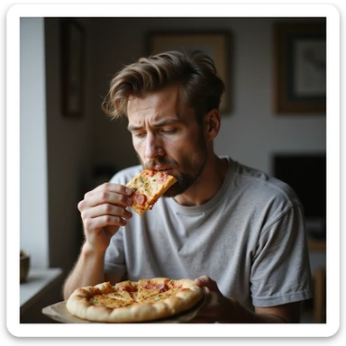 realistic 28-year-old man eating bread, pizza or pasta with a serene expression, domestic environment sticker