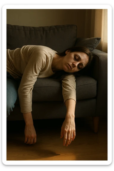 Empathetic photorealistic shot of a woman collapsed on a sofa, her body completely limp as if made of lead. One arm hangs off the edge, touching the floor. Her eyes are closed, face pale with dark circles. The afternoon light is warm but fails to energize the scene, emphasizing her profound exhaustion. sticker