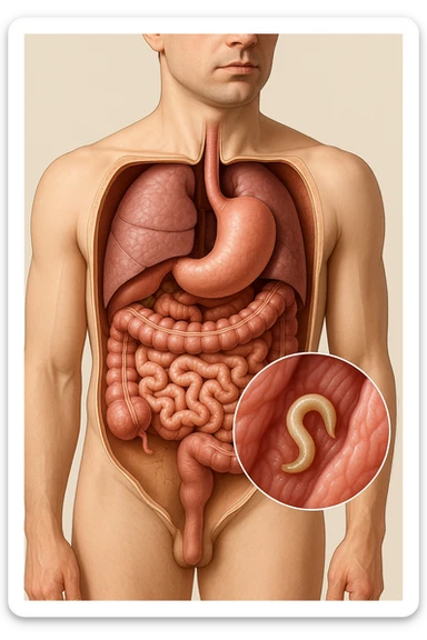 a 3D cutaway view of the human digestive tract, showing an Anisakis larva attached to the intestinal wall. in a man sticker