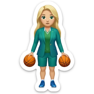Full Body white plus size female basketball head coach with long blonde hair in a blue and green suit sticker