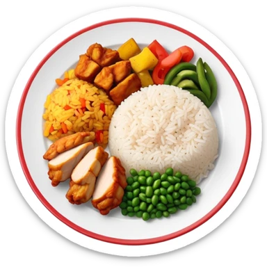 Full meal plate with rice, chicken pieces, and Puerto Rican vegetable mix sticker