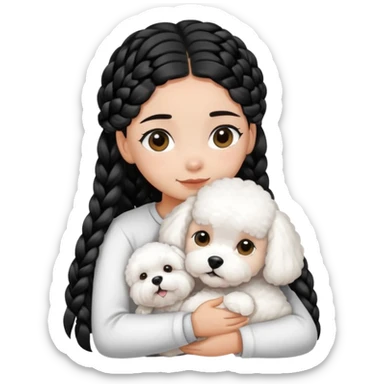 A girl with the black braids has straight hair ,hugging one Bichon frise sticker