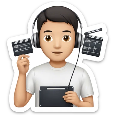 asian male movie director wear headset, tsirts with movie slate sticker