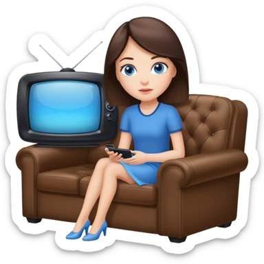 Brunette, blue-eyed woman sitting on coach watching TV  sticker