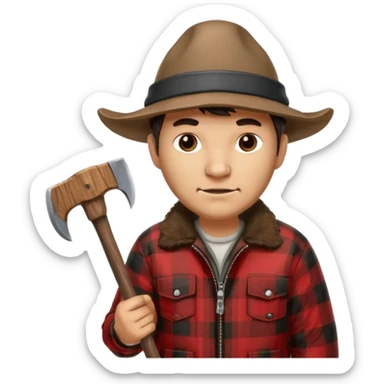 Man wearing buffalo plaid jacket and hat, with an 🪓  sticker