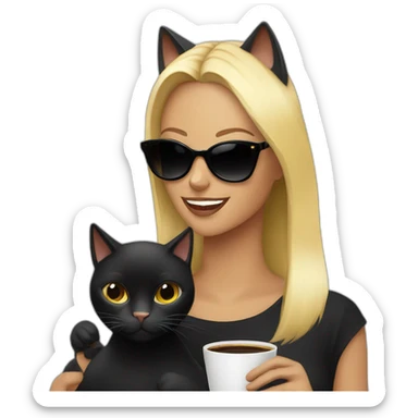 black cat with blonde woman drinking coffee and wearing sunglasses sticker
