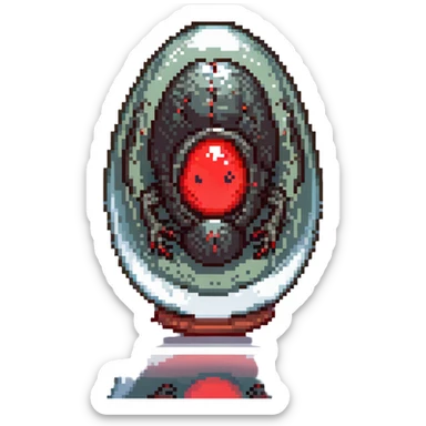 a strange large transparent alien egg, floating inside with a visible creature inside, embryo, embryonic, fetal shape, primordial, 3 glowing red eyes, illuminated from above, shining glass egg sticker