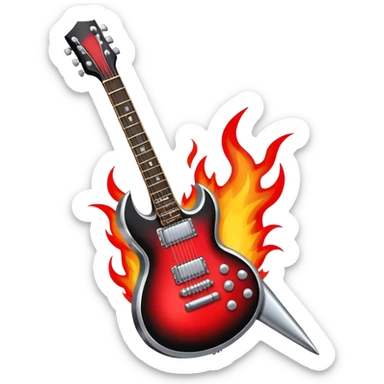 Create a bold and powerful emoji representing rock vocal performance in a humanless collage. The design should feature a vintage microphone at the center, surrounded by a heavy, aggressive hardcore electric guitar with sharp, jagged edges. Include crossed drumsticks behind the guitar, symbolizing the intense rhythm of rock music. Add fiery elements like flames or lightning bolts to enhance the raw energy of the design. Use dark, bold colors like black, red, and silver, with metallic or chrome accents to reflect the rebellious, hard-hitting nature of rock. The background should be transparent. sticker