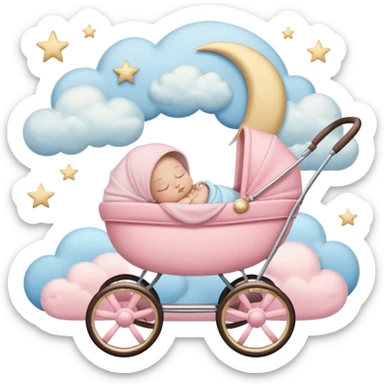 sleeping baby in pink and beige stroller with crescent moon and stars above with pastel blue clouds sticker
