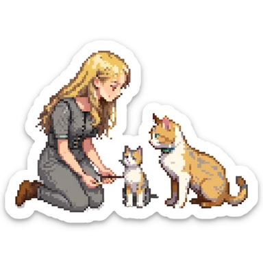 Remix: Beautiful girl with long wavy blonde hair, inspired by the reference, petting a gray and blonde mixed cat, pixel art style, girl kneeling, cat looking up sticker