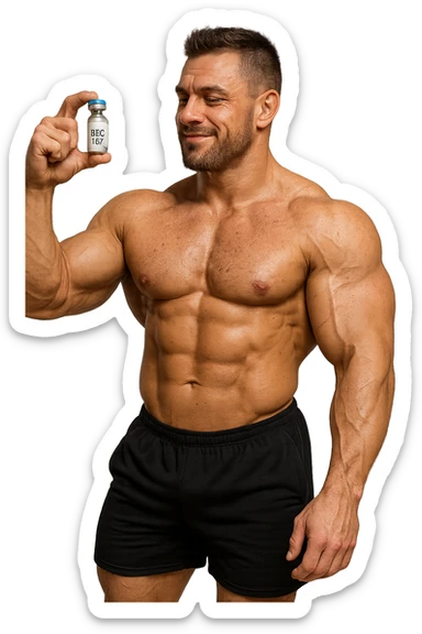 BODYBUILDER A FIGURA INTERA CHE TIENE IN MANO UNA FIALA MEDICA CON la scritta "BPC 157" SULL'ETICHETTA E LA GUARDA SODDISFATTO, iperrealistico 4k sticker