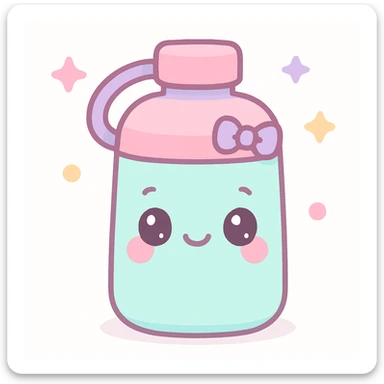 kawaii style water bottle with a happy face, blushing cheeks, and a tiny bow, pastel palette sticker