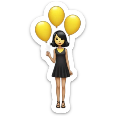 a thin girl with black straight hair, dressed in a short shiny dress, holds balloons in the shape of black and yellow hearts in her hands sticker