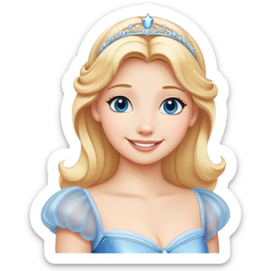 Cinematic Radiant Cinderella Portrait Emoji, rendered in a clean vector-style with bold proportions. Show Cinderella with a warm, serene smile, fair skin, and lustrous blonde hair, wearing a simple yet elegant dress that shimmers with gentle light. The image glows with an inviting, soft radiance and high shine, embodying timeless beauty. sticker
