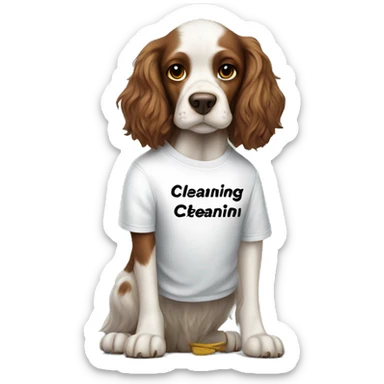 spaniel in a t-shirt with the inscription "cleaning" sticker