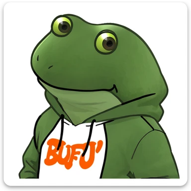 cartoon frog with tough expression wearing hoodie with 'BUFU' in fiery graffiti text overhead, urban energetic attitude-filled sticker