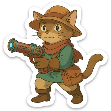 ghibli style adventurous cat with a fantasy blaster sticker