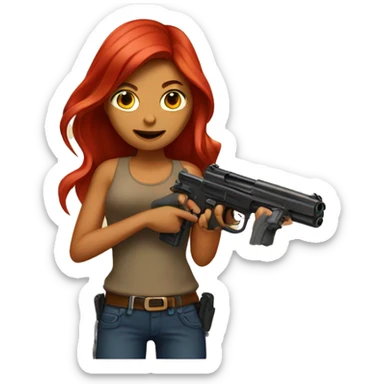 Tan girl with long red hair holding a gun sticker