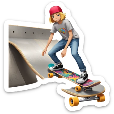 An icon featuring a skateboard resting on a smooth concrete surface. The background shows a sunny skate park with ramps, graffiti walls, and palm trees, creating an urban vibe. The skateboard is designed with vibrant colors and unique graphics. Transparent background  sticker