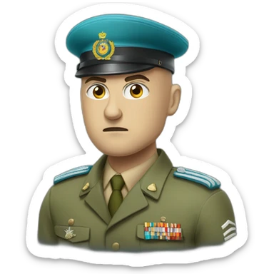 Bald white angry furious serious military man with khaki israel defense forces uniform and cyan beret sticker