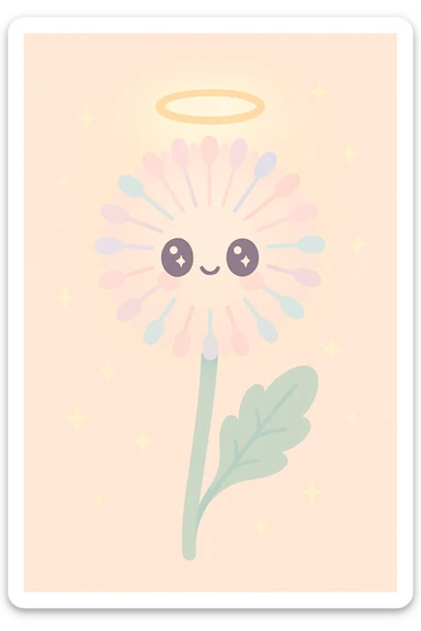 a dandelion with a halo and a golden glow sticker